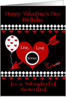 Birthday on Valentine’s Day To Scientist, Red heart, white diamonds card
