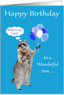 Happy Birthday to Son, doctor, raccoon wearing stethoscope, balloons card