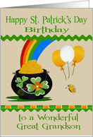 Birthday on St. Patrick’s Day to Great Grandson, pot of gold, balloons card