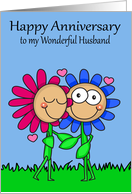 Anniversary to Husband, wedding, happy flower couple smiling, hearts card