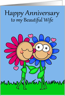 Wedding Anniversary to Wife with a Happy Flower Couple and Hearts card