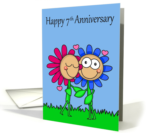 7th Wedding Anniversary with a Happy Flower Couple and Hearts card