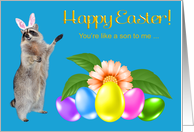 Easter, Like a Son, Raccoon wearing bunny ears with flower and eggs card