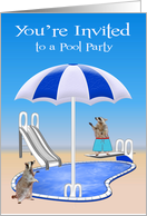 Invitations to Pool Party, general, Raccoons at pool side, umbrella card