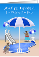Invitations to Birthday Pool Party, general, Raccoons at pool side card