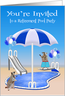 Invitations to Retirement Pool Party, general, Raccoons at pool side card