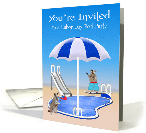 Invitations to Labor Day Pool Party, general, Raccoons, pool side card