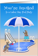 Invitations to Labor Day Pool Party, general, Raccoons, pool side card