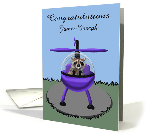 Congratulations becoming Helicopter Pilot, custom name, raccoon card