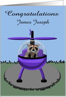 Congratulations becoming Helicopter Pilot, custom name, raccoon card