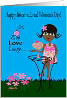 International Women’s Day, Woman enjoying a large cocktail, flowers card
