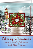 Christmas To Aunt and Fiance, snowy lighthouse scene on blue, wreath card