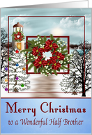 Christmas To Half Brother, snowy lighthouse scene on blue, wreath card