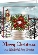 Christmas To Step Brother, snowy lighthouse scene on blue, wreath card
