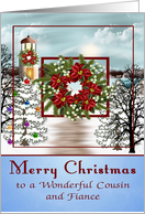Christmas To Cousin and Fiance, snowy lighthouse scene on blue, wreath card