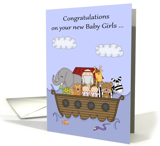 Congratulations on New Baby Twin Girls with a Noah's Ark Theme card