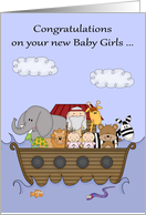 Congratulations on New Baby Twin Girls with a Noah’s Ark Theme card