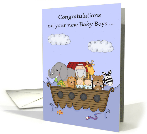 Congratulations on New Twin Baby Boys with a Noah's Ark Theme card