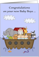 Congratulations, new baby boys, triplets, Noah’s Ark Theme, religious card