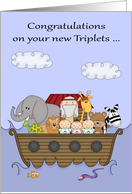Congratulations on new triplets, 2 boys and a girl, Noah’s Ark Theme card