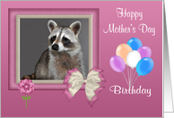 Birthday on Mother’s Day, general, Raccoon in bow frame, balloons card