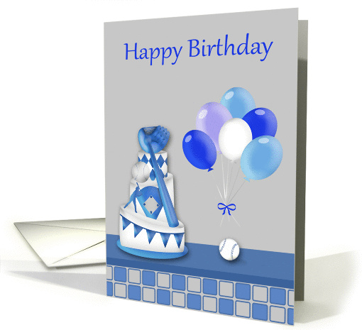Birthday, general, baseball theme, a cake with ball and balloons card