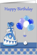 Birthday, general, baseball theme, a cake with ball and balloons card