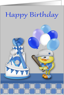Birthday, general, baseball theme, baby chick holding a bat, balloons card