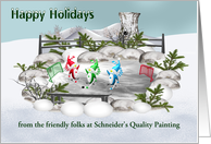 Happy Holidays, custom business, penguins playing ice hockey, snow card