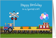 Birthday, general, girls in train on a track with balloons on blue card