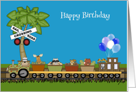 Birthday with a Train Carrying Woodland Animals and Balloons card
