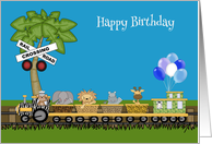 Birthday, general, train with jungle animals on track and balloons card