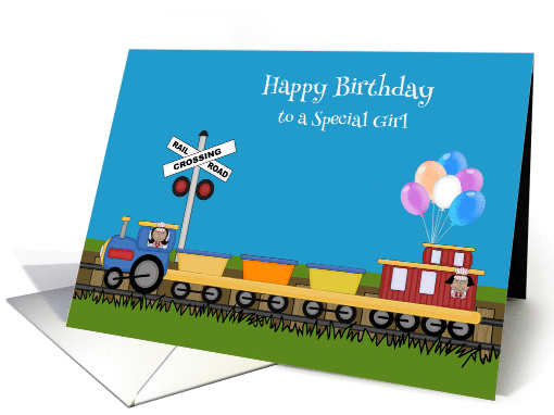 Birthday, girls of color in train on a track with balloons card