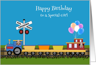 Birthday, girls of color in train on a track with balloons card