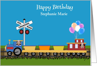 Birthday Custom Name with Girls of Color in a Train on a Track card