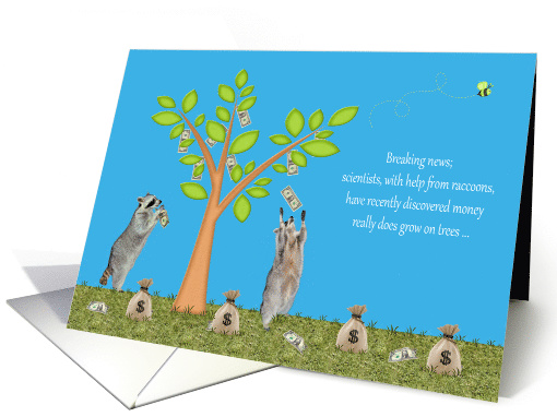 April Fools' Day Card with Cute Raccoons Under a Money Tree card