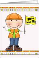 Labor Day with a Worker Smiling while Holding a Waving Yellow Flag card