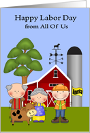 Labor Day from All Of Us, farmers and a laborer on a farm, cute cow card