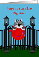 Sister’s Day to Big Sister, Cat on a fence with a red hat, light posts card
