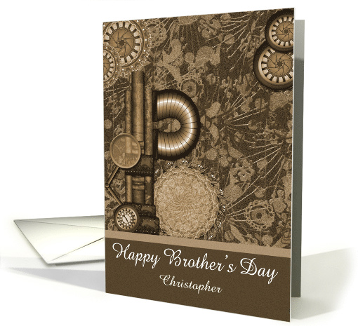 Brother's Day custom name, old vintage steam punk gears, brown card