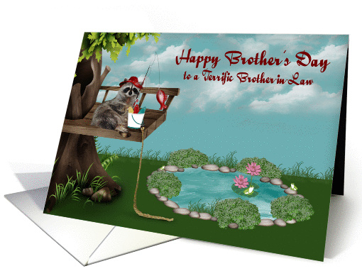 Brother's Day to Brother-in-Law, Raccoon fishing from tree, pond card