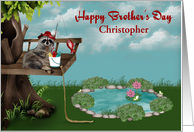 Brother’s Day, custom name, Raccoon fishing from tree, pond card