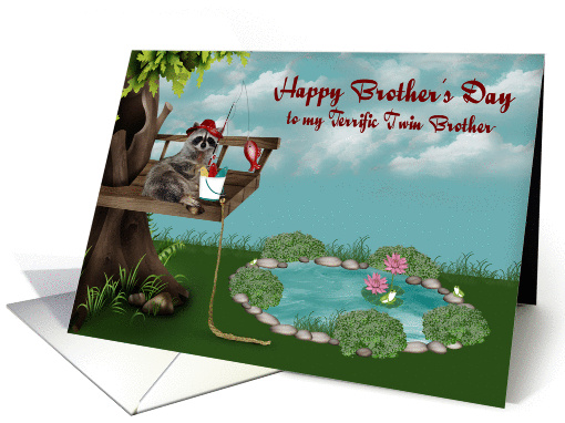 Brother's Day to Twin Brother, Raccoon fishing from tree, pond card