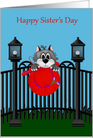 Sister’s Day, general, Cat on a fence with a red hat, light posts card