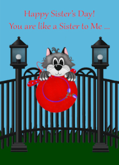 Sister's Day to Like a Sister with a Cat a on Fence Wearing a Red Hat