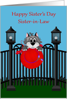 Sister’s Day to Sister in Law Card with a Cat on a Fence and a Red Hat card