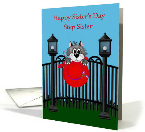 Sister's Day to Step Sister, Cat on a fence with red hat,... (1373960)