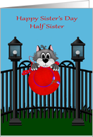Sister’s Day to Half Sister, Cat on a fence with red hat, light posts card