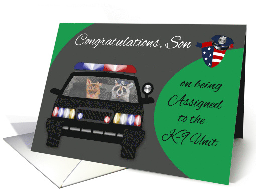 Congratulations to son on assignment to K-9 Unit, raccoon and dog card