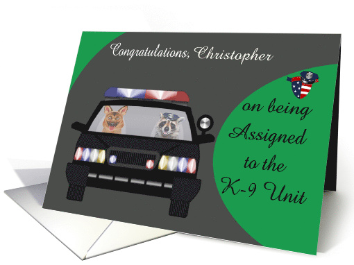 Congratulations on assignment to K-9 Unit, custom name, raccoon card